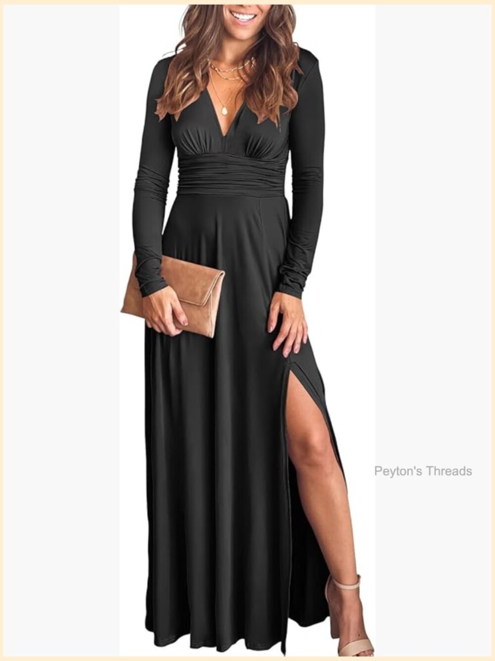 Deep V Neck Long Sleeve Maxi Dress with Slit for Formal Weddings